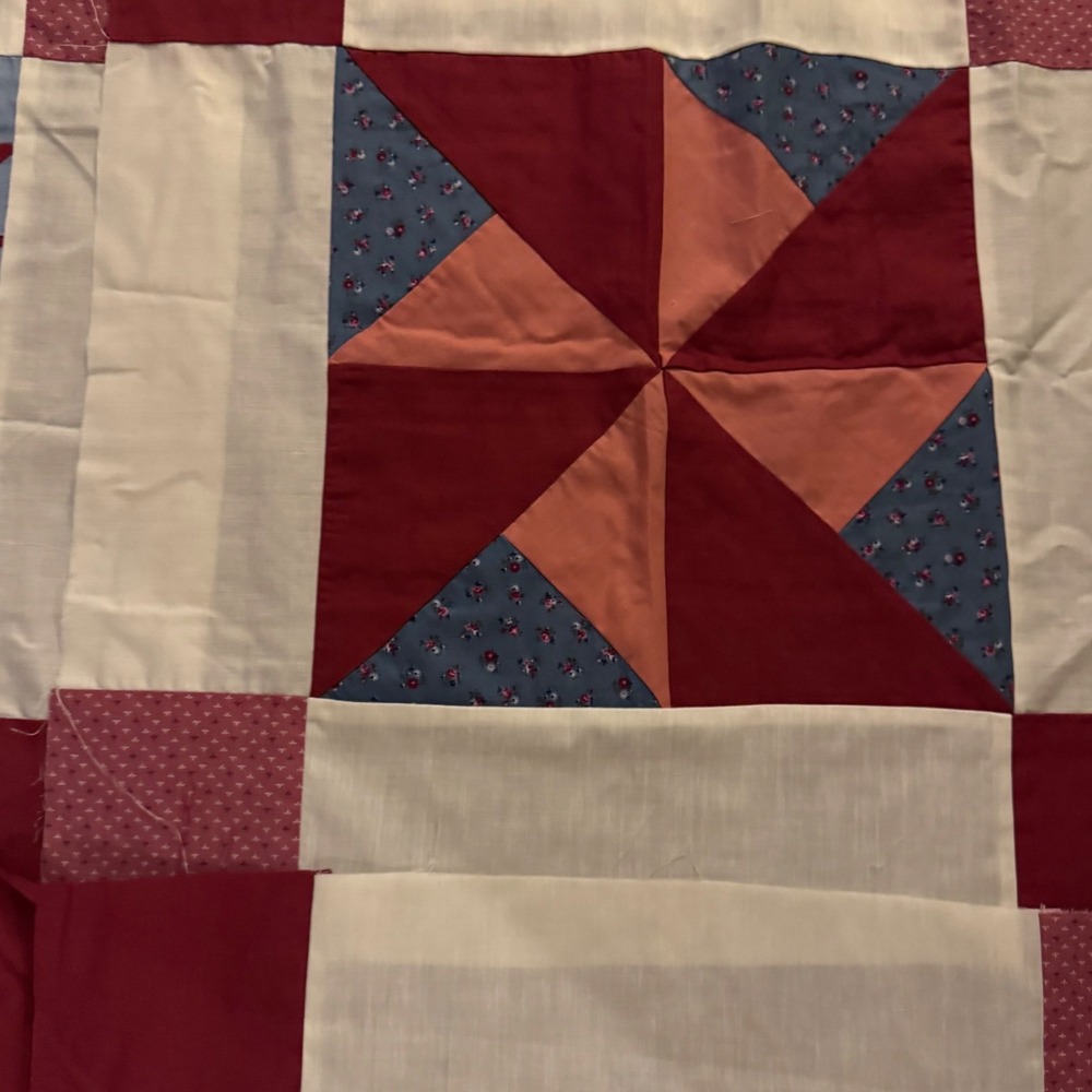 Handmade Quilt Top Panels 12 Vintage Patchwork Red White Blue Cotton - Picture 4 of 16